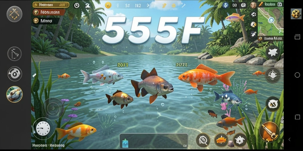 Gameplay memancing yang mengasyikkan dalam 555F dengan pemandangan indah.