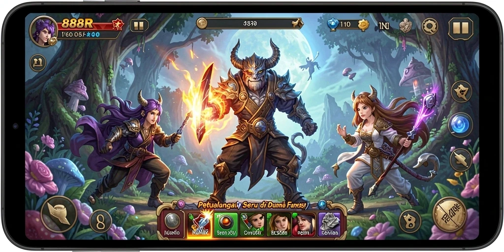 Screenshot menampilkan karakter menjelajahi dunia fantasi 888R.