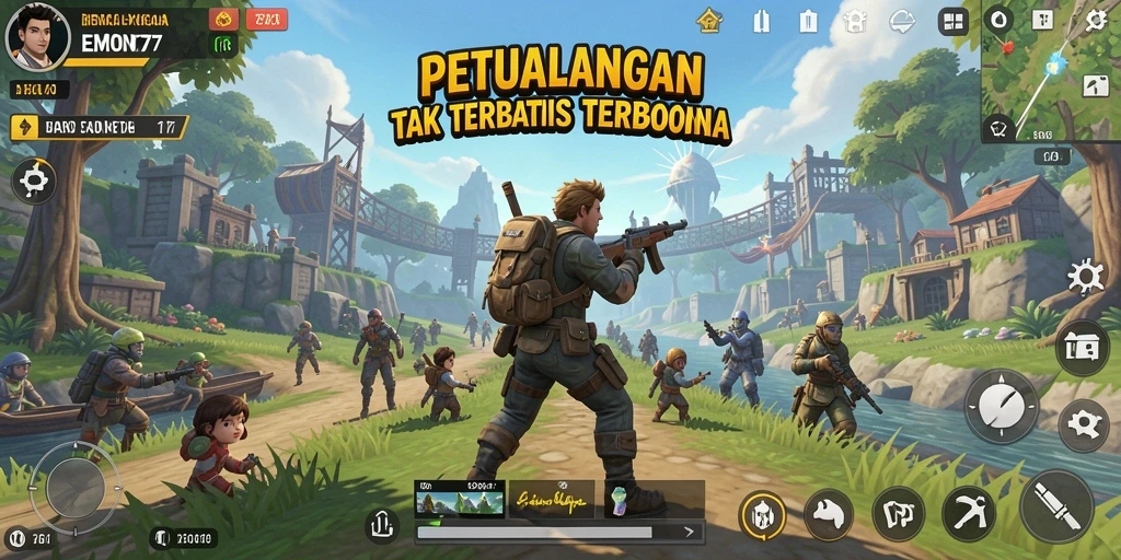 Screenshot gameplay EMON777 menampilkan eksplorasi dunia terbuka yang indah.