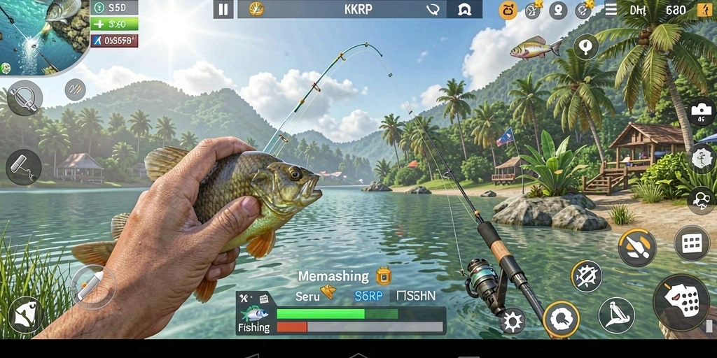Screenshot gameplay KKRP dengan aksi memancing yang seru.
