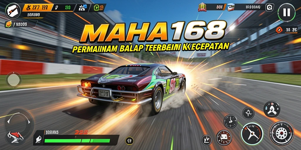 Tampilan gameplay mendebarkan MAHA168 dengan aksi balap yang intens.
