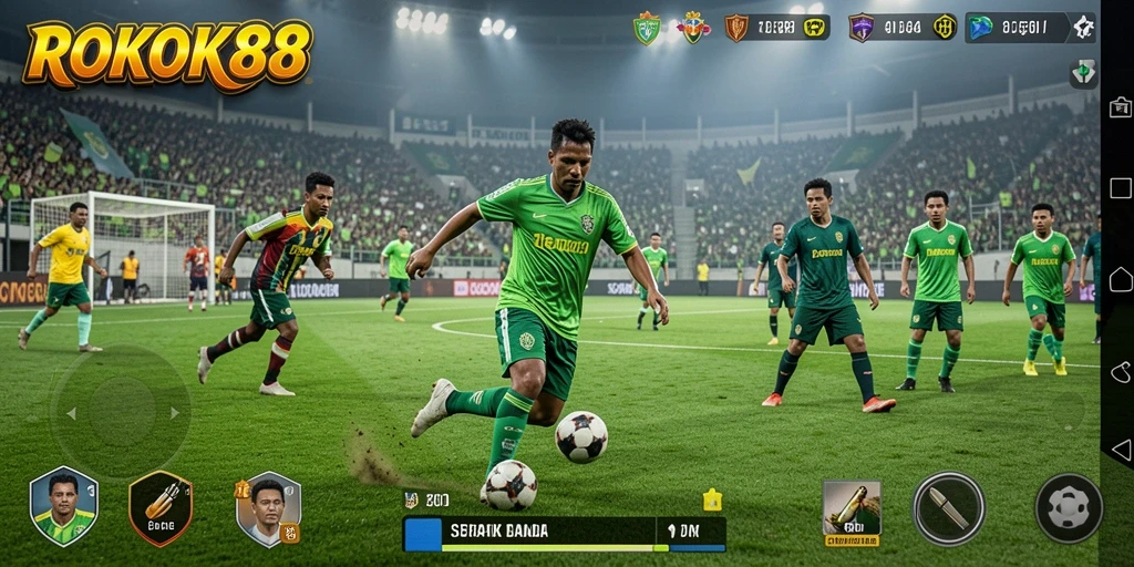 Tangkapan layar ROKOK88 menampilkan momen seru dalam pertandingan sepak bola.