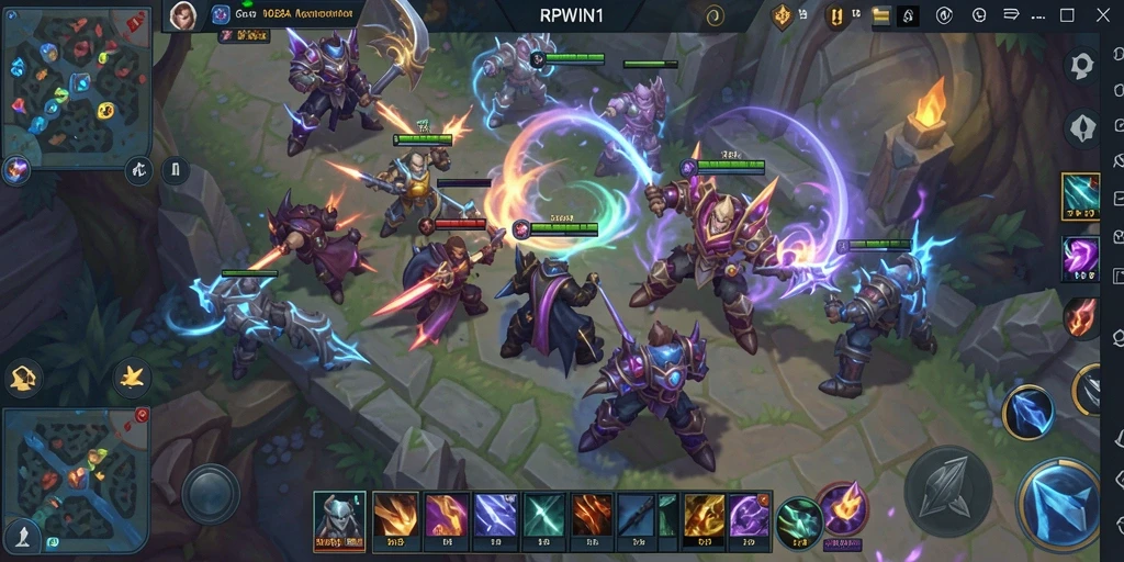 Screenshot gameplay RPWIN1 menunjukkan pertarungan intens di arena MOBA.